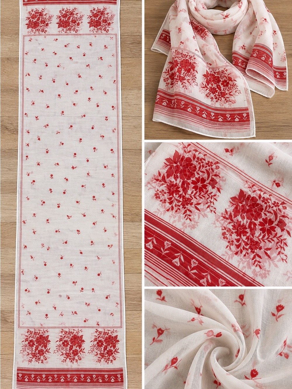 Vintage Red White Floral Long Scarf 43 x 10 Lightweight Sheer Beautiful